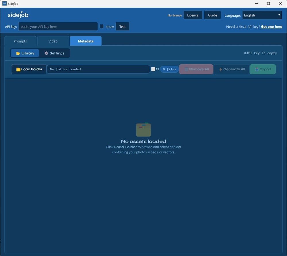 Tab Metadata sidejob dengan pustaka aset dan tombol export CSV
