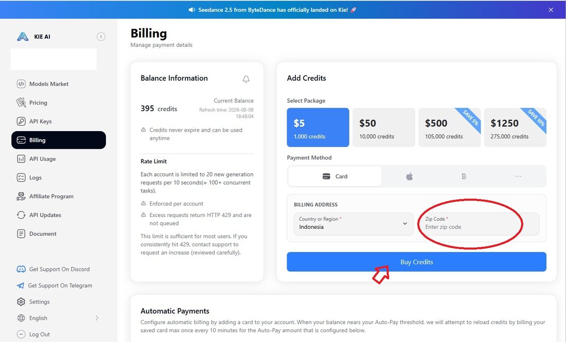 Halaman Billing kie.ai, memilih paket 5 dolar dan mengisi kode pos