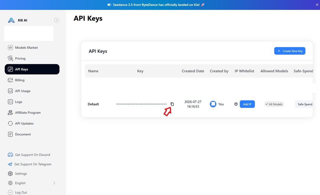 Halaman API Keys kie.ai dengan tombol salin